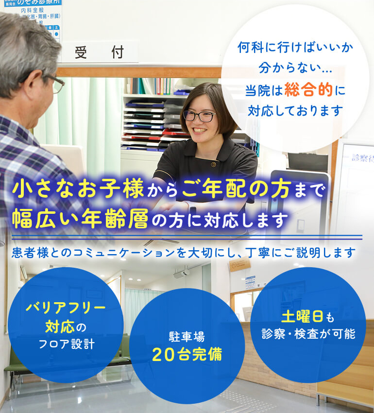 小さなお子様からご年配の方まで幅広い年齢層の方に対応します患者様とのコミュニケーションを大切にし、丁寧にご説明します バリアフリー対応/駐車場２０台完備/のフロア設計/土曜日も診察・検査が可能 何科に行けばいいか分からない…当院は総合的に対応しております